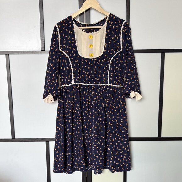 MODCLOTH Early Bird Dress Size L Bow Bib Button Retro Artsy Teacher Cottage - Picture 11 of 16